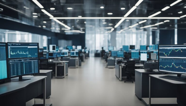Modern trading floor with multiple computer monitors.