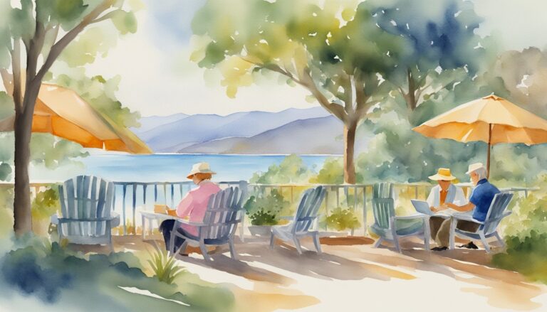 Watercolor painting of lakeside relaxation scene.