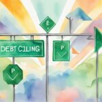Watercolor of traffic signs reading "Debt Ceiling" with arrows.