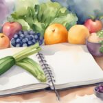 Watercolor painting of healthy foods and a recipe book.