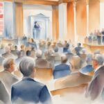 Watercolor illustration of a political assembly with speakers.