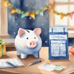 Watercolor of piggy bank with holiday decorations and calendar.