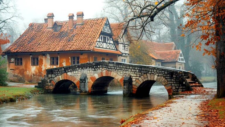 Historic bridge and house on misty autumn day.